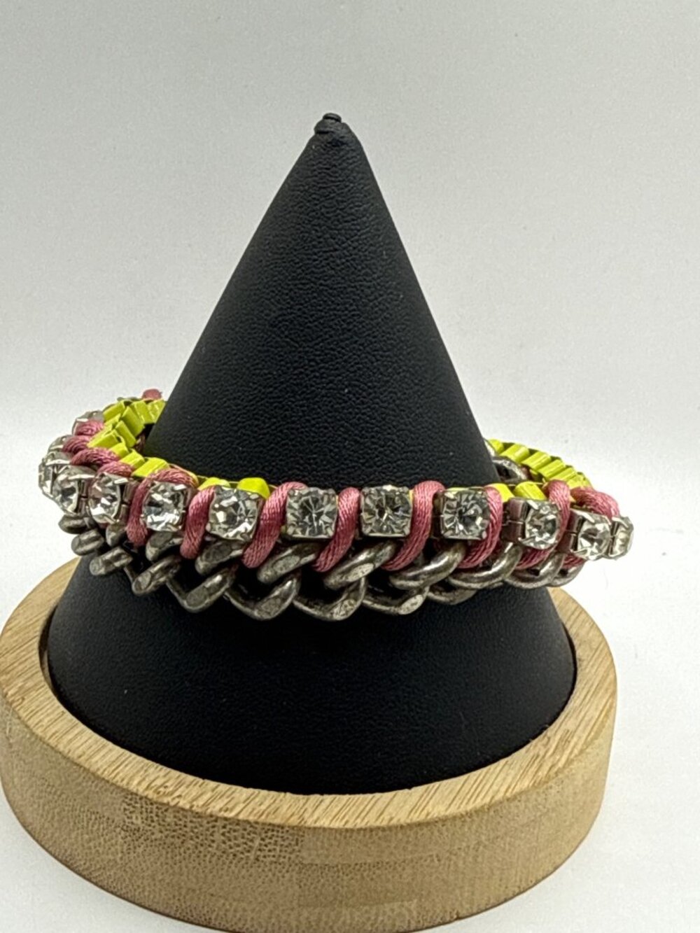 Silvertone Rhinestone Woven Cord Curb Chain Bracelet Neon Pink Yellow Grunge Pun